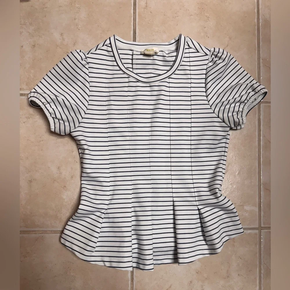 Maeve by Anthropologie Corset Peplum Puff Sleeves Striped Top
